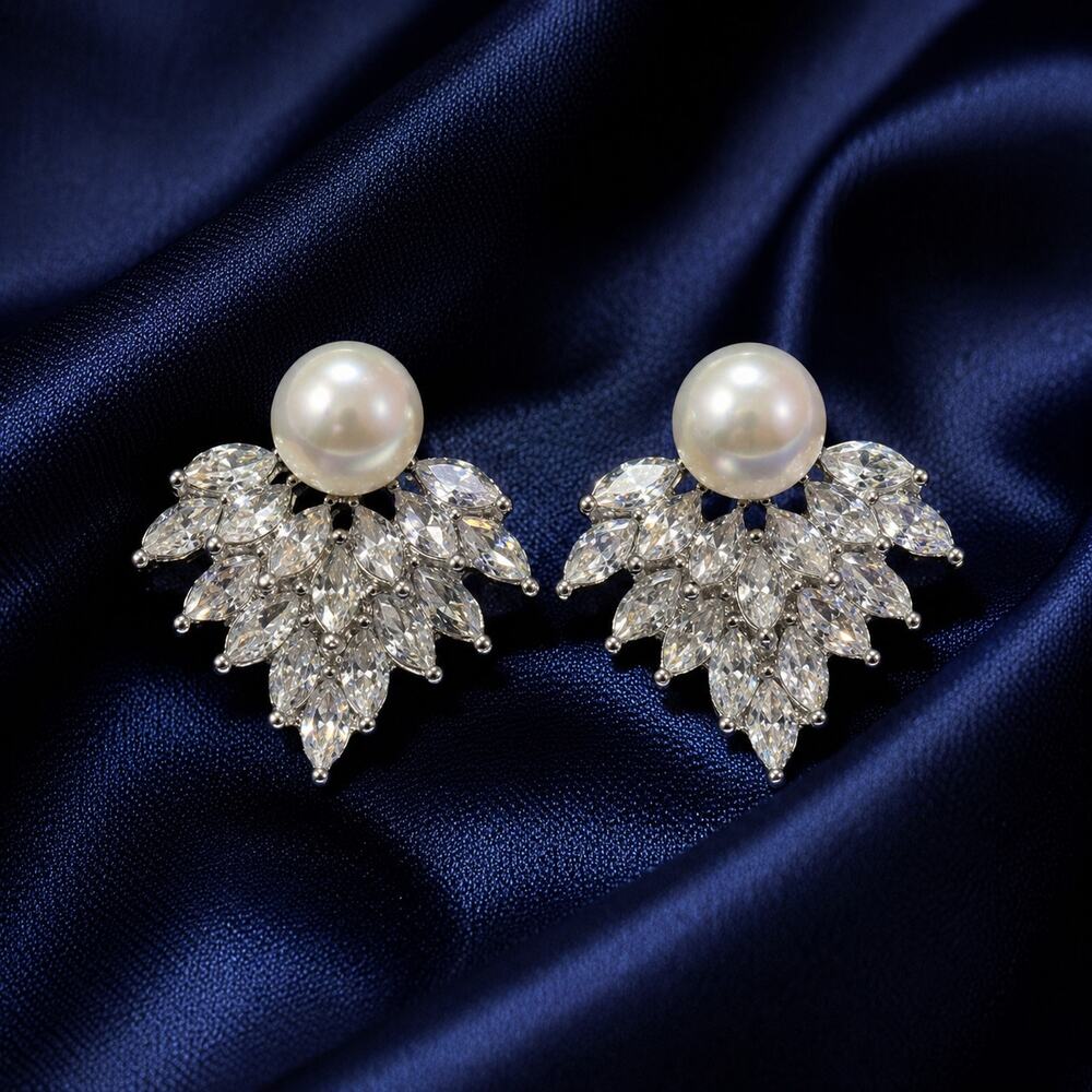Pearl & Crystal Statement Earrings Silver Tone Glam Bridal Prom Jewelry